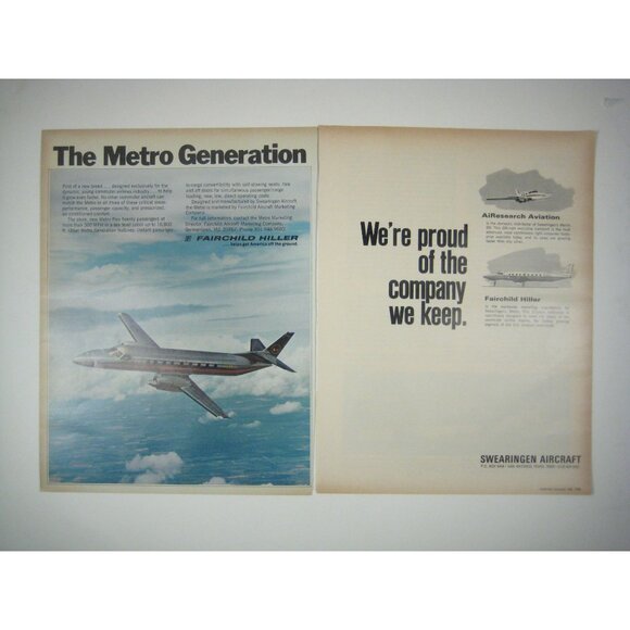 Fairchild Hiller Metro Aircraft Advertisement Print 1960s Ad 2 Pages READ - Picture 1 of 2